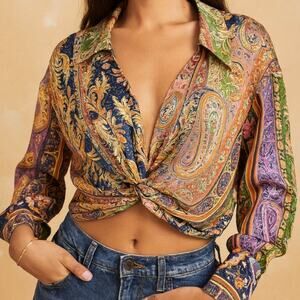 ZARA Satin Paisley Twist Front Crop Top V-Neck Blouse Indie Boho Chic Size S NWT